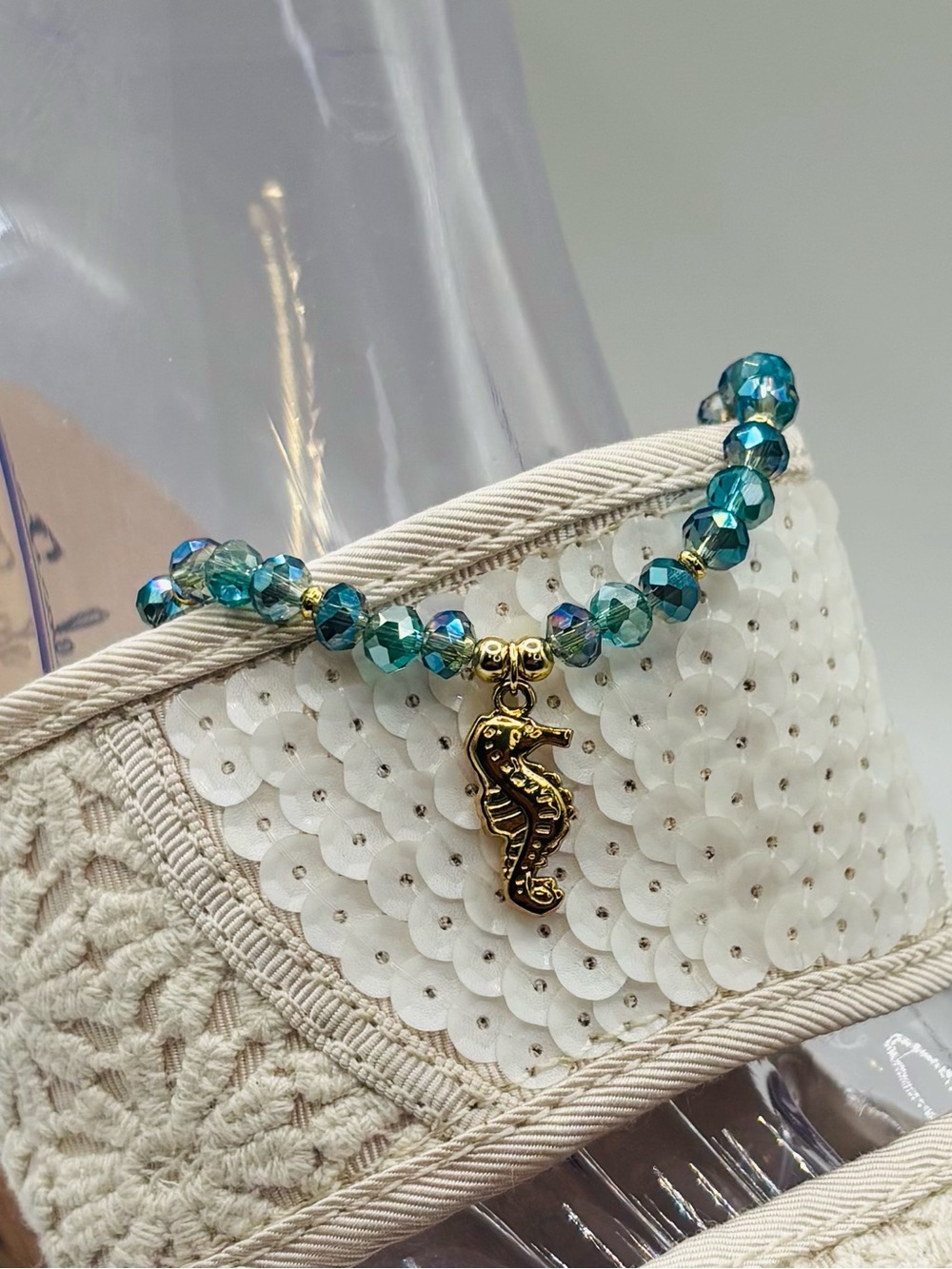 *ANKLET* S. Steel Seahorse & AB Teal Blue Green Crystal Stretchy Anklet - Picture 5 of 7
